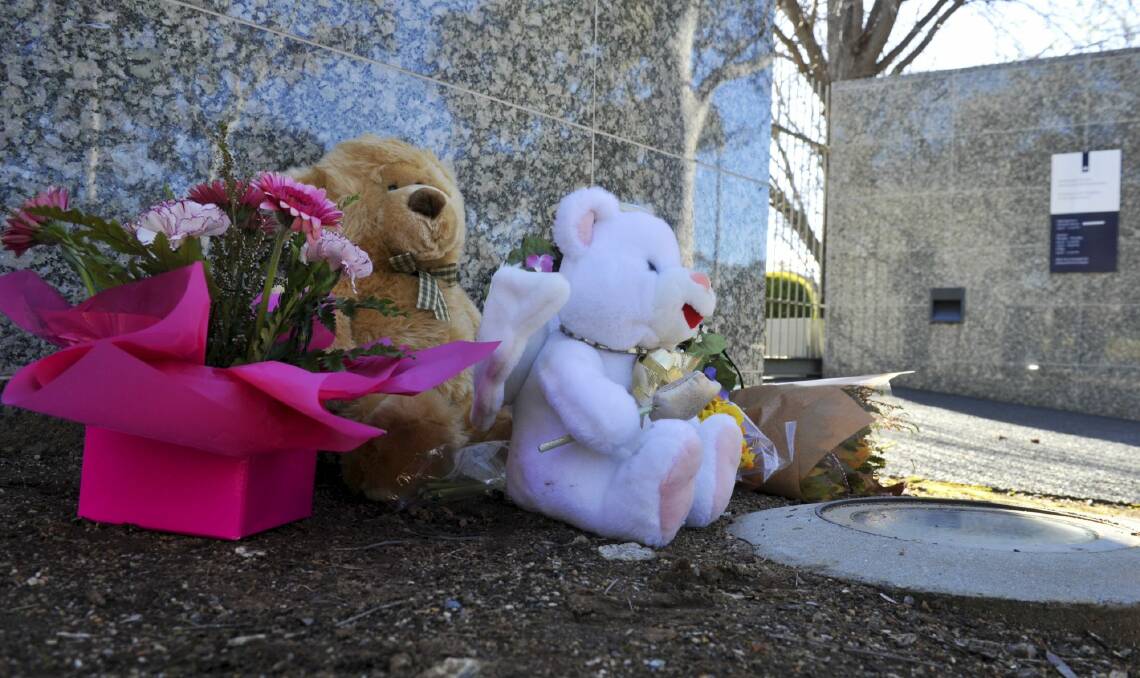 Flower and teddy bear tributes outside the Netherlands embassy in Canberra. Photo: Graham Tidy
