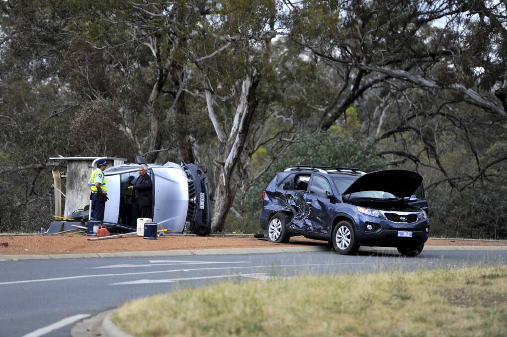 A two-car crash on the corner of Fairbairn Ave and Northcott Drive in Canberra. Photo: Jay Cronan