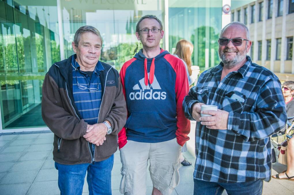 Canberra public and collectors travelled from afar to gather at mint. Regulars Ted Silk of Gungahlin, Justin Maloney of Werribee and Barry Cromer of Ballarat.  Photo: karleen minney