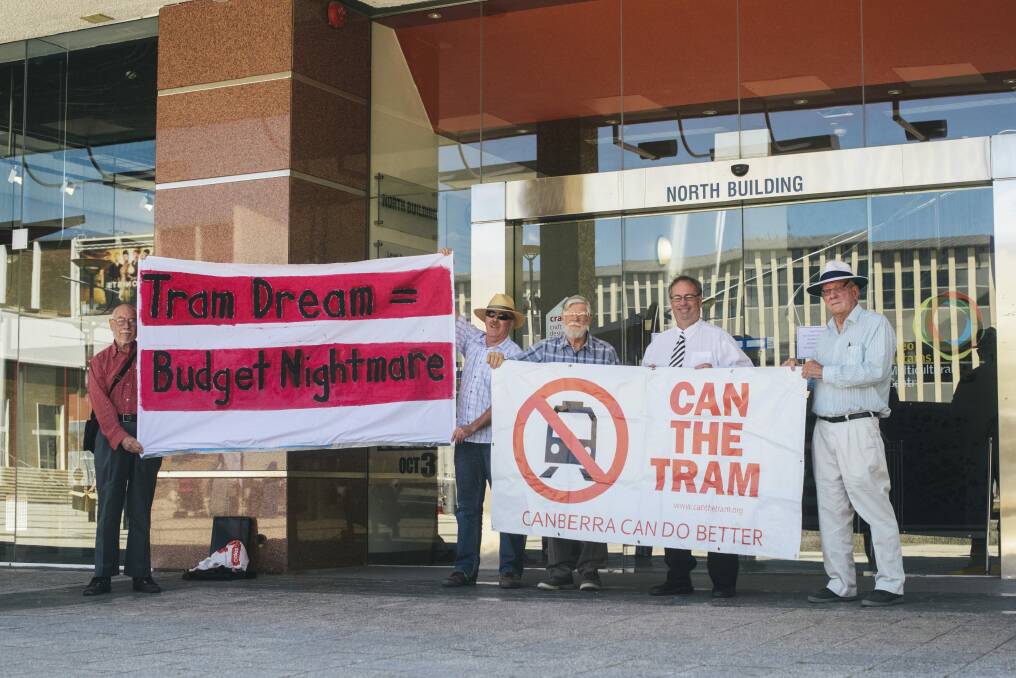 Members of the Can the Tram organisation in Civic Square on Thursday.

29 October 2015
Photo: Rohan Thomson
The Canberra Times Photo: Rohan Thomson
