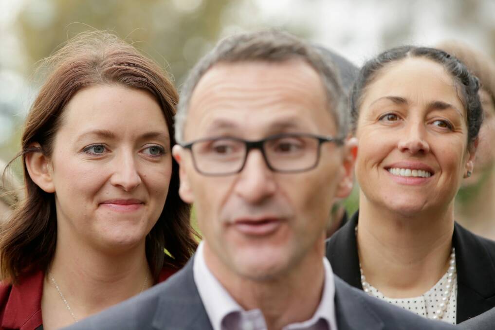 The Greens leader Richard Di Natale with Ms Bhathal at a press conference in July. Photo: Darrian Traynor