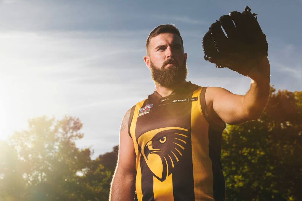 Portrait of Sean Guinard who is a Canberra Cavalry baseball player and is playing AFL for the Tuggeranong Hawks this season. Photo: Rohan Thomson