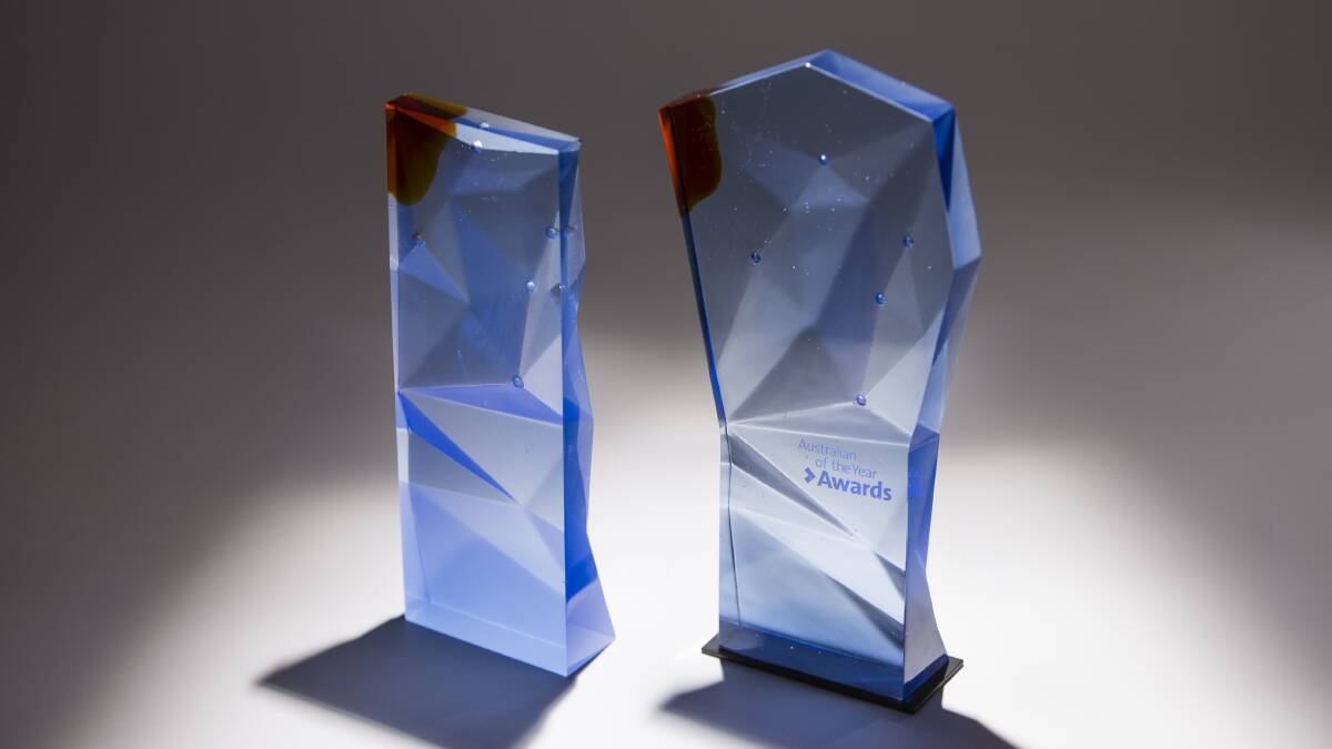 The Australian of the Year state (left) and national (right) trophies.  Photo: Lannon Harley/ANU