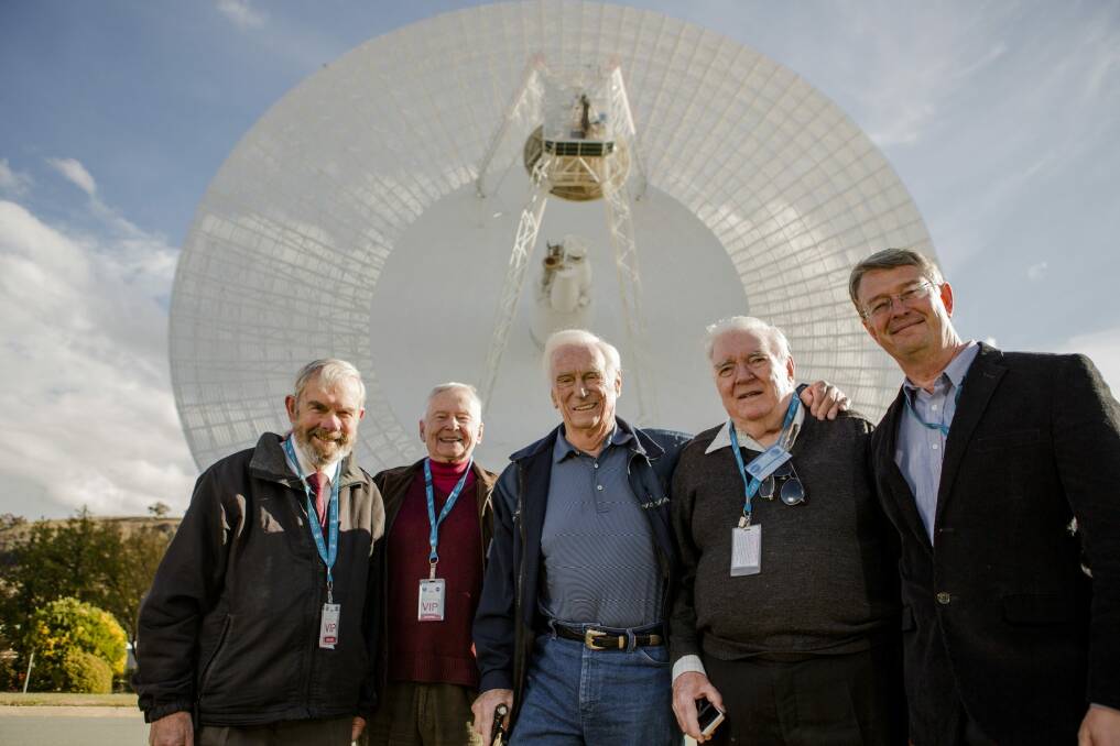 Hamish Lindsay, John Saxon, Gene Cernan, Mike Dinn, and current CSIRO director of the Canberra Deep Space Communications Complex Dr Ed Kruzins.  Photo: Jamila Toderas