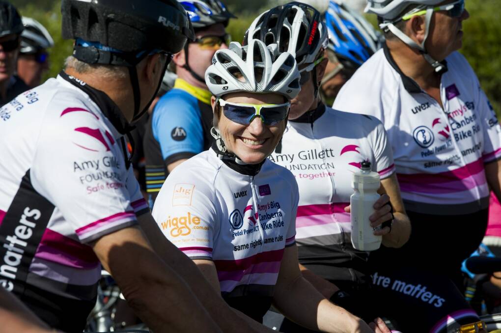 Anna Meares socialises with the crowds at Amy's Big Canberra Bike Ride 2015.  Photo: Jay Cronan