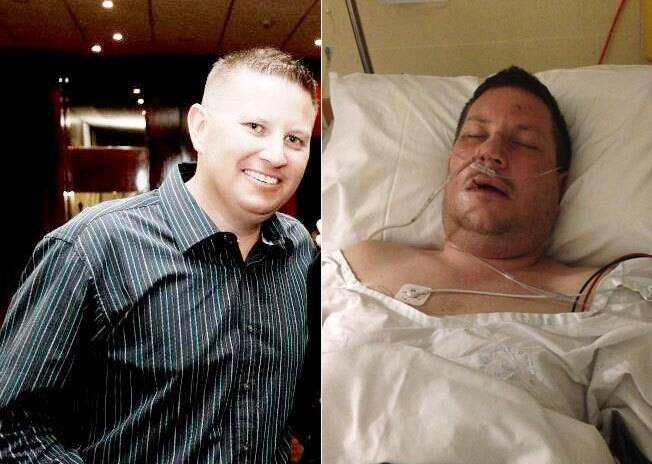 Hope: Andrew McInnes, left, before the alleged assault and, right, recently in hospital. 