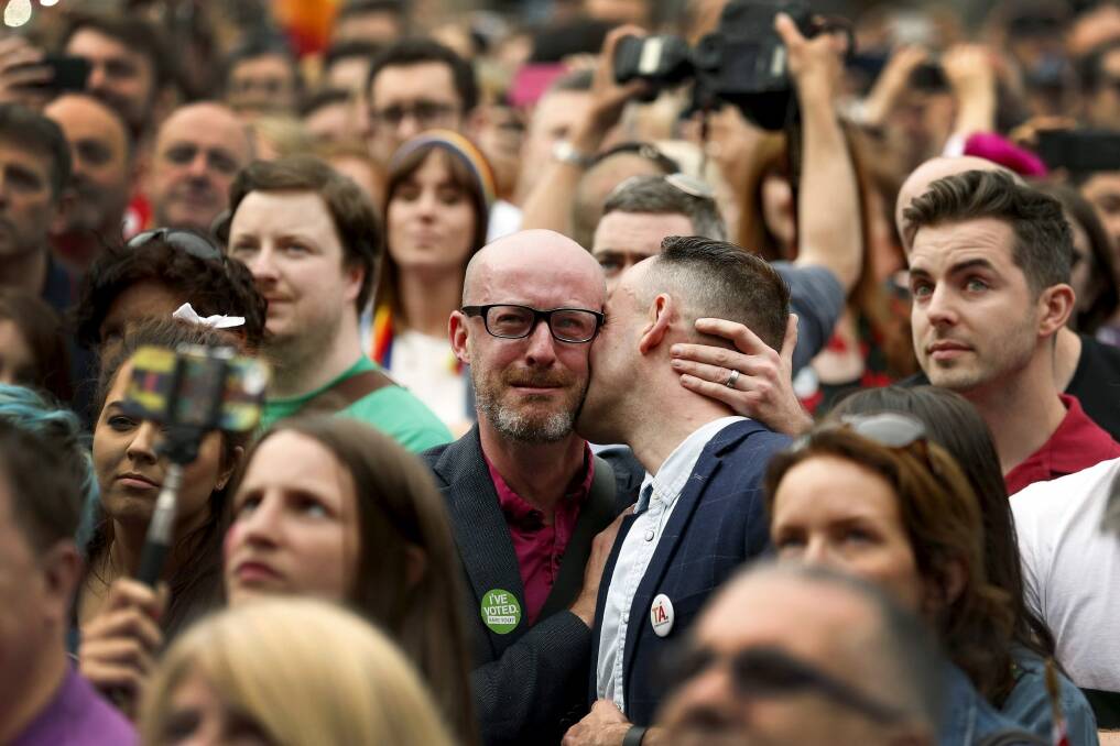 Following their conscience: Emotions flow in Dublin as Ireland votes in favour of allowing same-sex marriage. Photo: Cathal McNaughton
