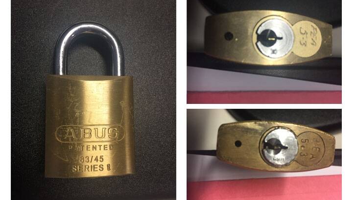 The padlocks have "PEA5.3" engraved on them near the locking mechanism. Photo: ACT Policing