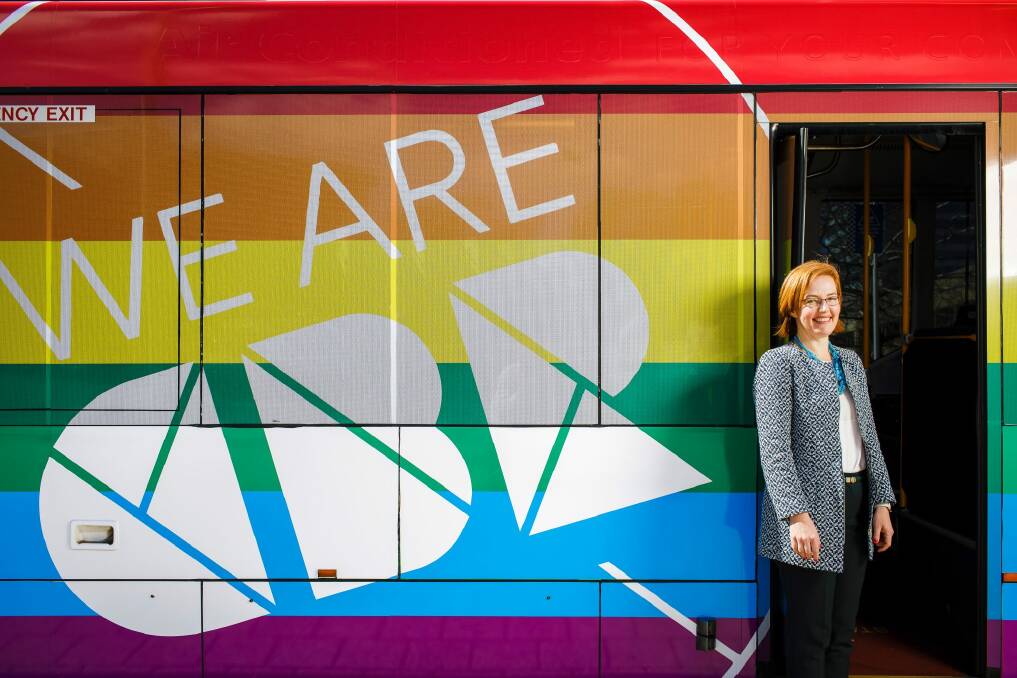 Minster for Transport Canberra and City Services unveils a rainbow bus in support of marriage equality on Tuesday.  Photo: Sitthixay Ditthavong