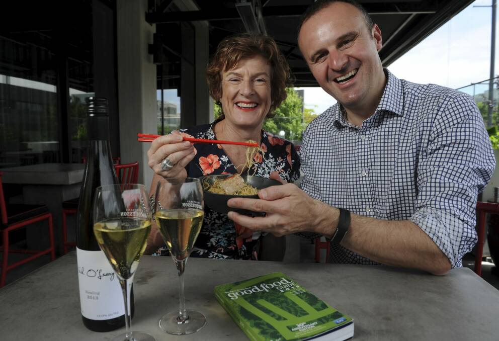  Andrew
Barr is joined by Fairfax Media's SMH Good Food Guide editor Joanna Savill. Photo: Graham Tidy