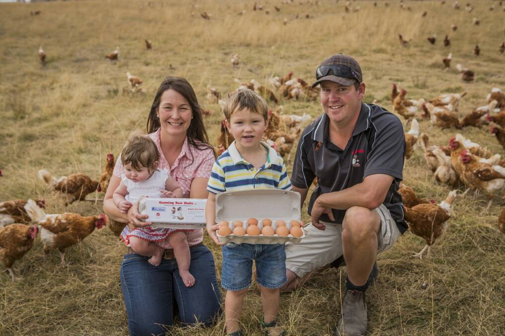 Free-range egg farmers Theresa and Craig Robinson, with two of their children, Alya, seven months, and William, three years old. Photo: Jamila Toderas