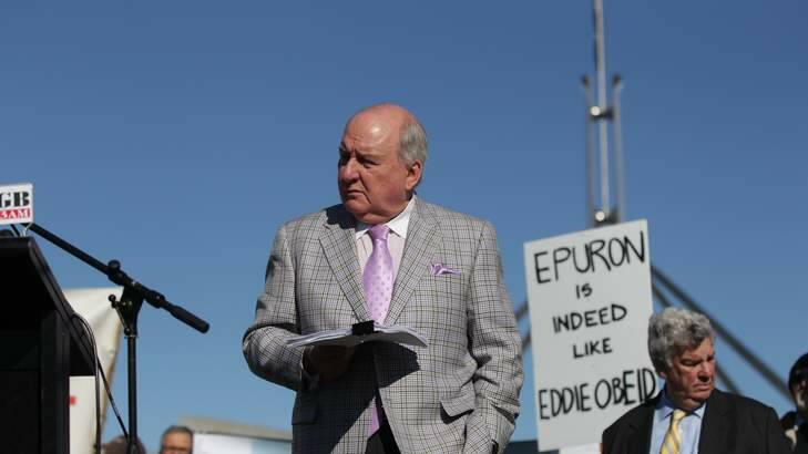 Broadcaster Alan Jones at the anti-wind farm rally out the front of Parliament House in Canberra in June .