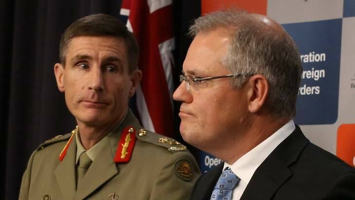 Lieutenant-General Angus Campbell and Immigration minister Scott Morrison during and Operation Sovereign Borders briefing in Canberra. Photo: Andrew Meares