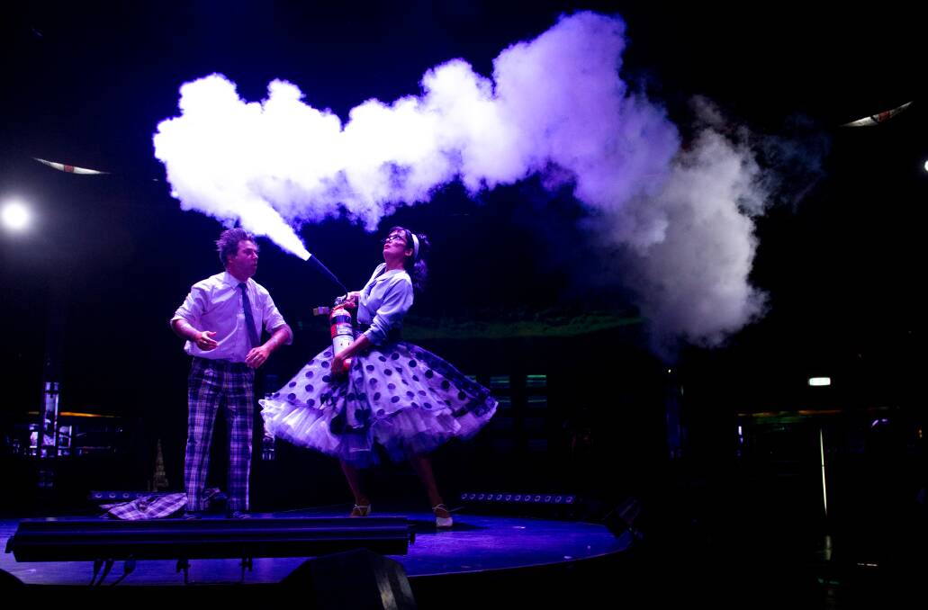 Clowns Goos Meeuwsen and Helena Bittencourt perform in Spiegeltent production, Life: The Show. Photo:  Photo Elesa Kurtz