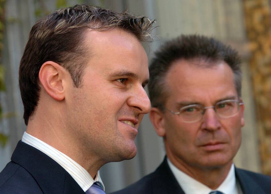 Former chief minister Jon Stanhope (right) with Andrew Barr, the current Chief Minister, in 2006.  Photo: Graham Tidy