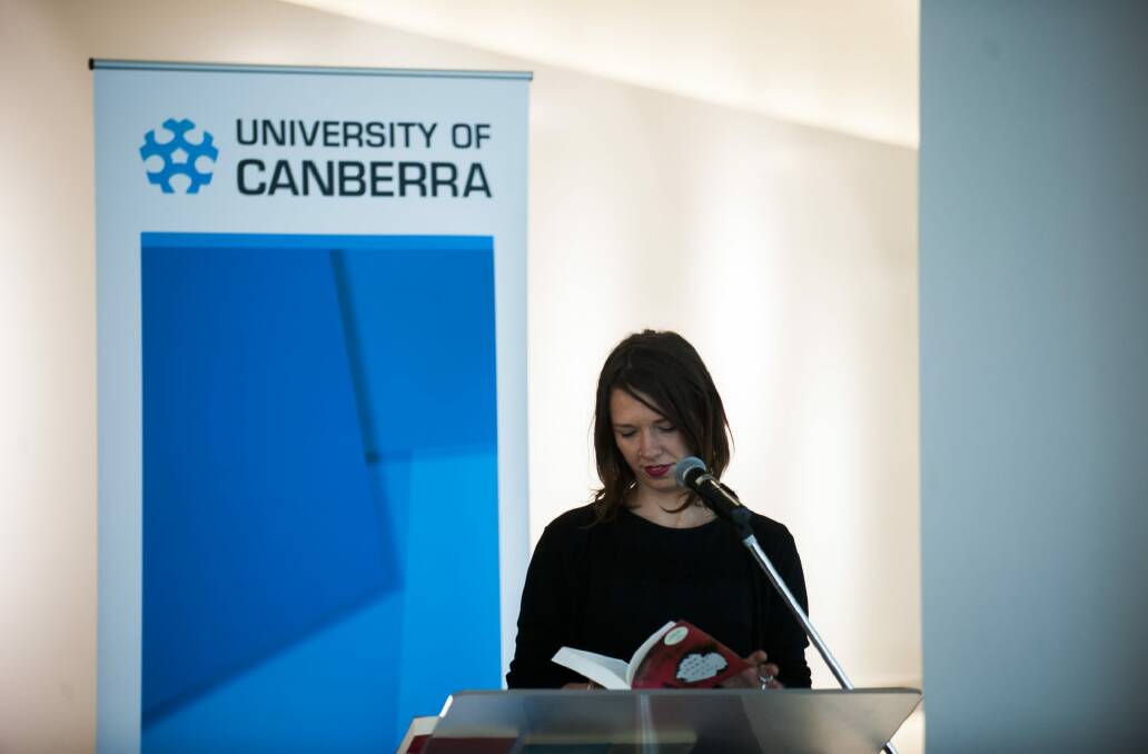 The winner of the 2016 University of Canberra Book of the Year, Emily Bitto, reads from her novel, <i>The Strays</i>. Photo: Elesa Kurtz