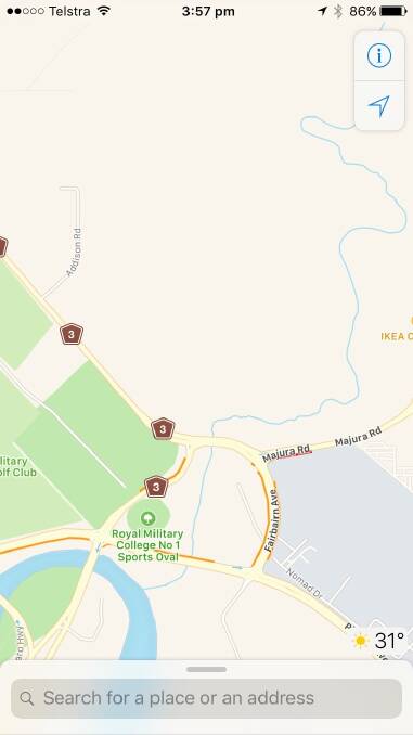 Seven months after opening, the Majura Parkway doesn't show up on Apple Maps. Photo: Apple Maps