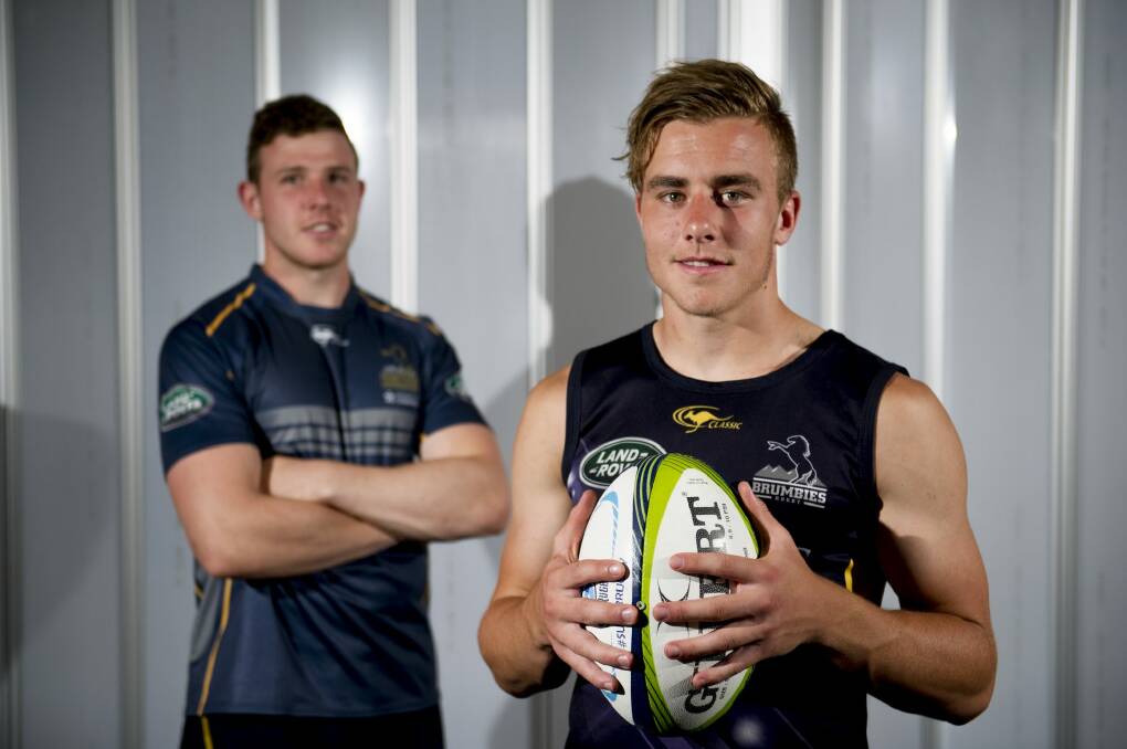 Thomas Hall, right, and Jordan Jackson-Hope have been training with the Brumbies to fast-track their development. Photo: Jay Cronan