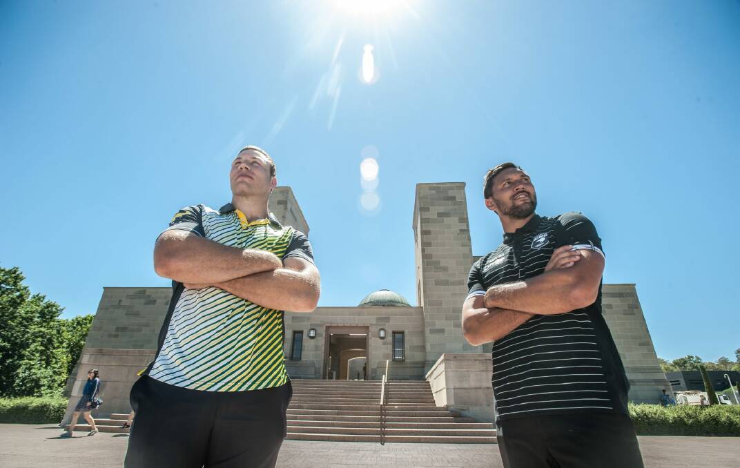 Canberra Raiders players Shannon Boyd and Jordan Rapana at the Australian War Memorial on Monday. Photo: Karleen Minney