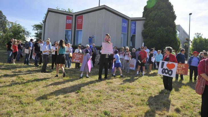 Protesters on the ABC lawn on Thursday morning. Photo: Rohan Thomson