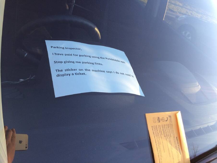 IT worker Matthew Graham received nearly $400 in parking fines while using Parkmobile, despite at one point leaving a note for inspectors.  Photo: Supplied