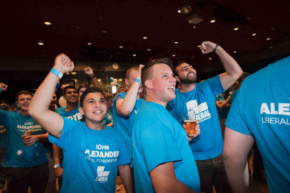 Jubilant Liberal supporters wait for Prime Minister Malcolm Turnbull to speak. Photo: Christopher Pearce