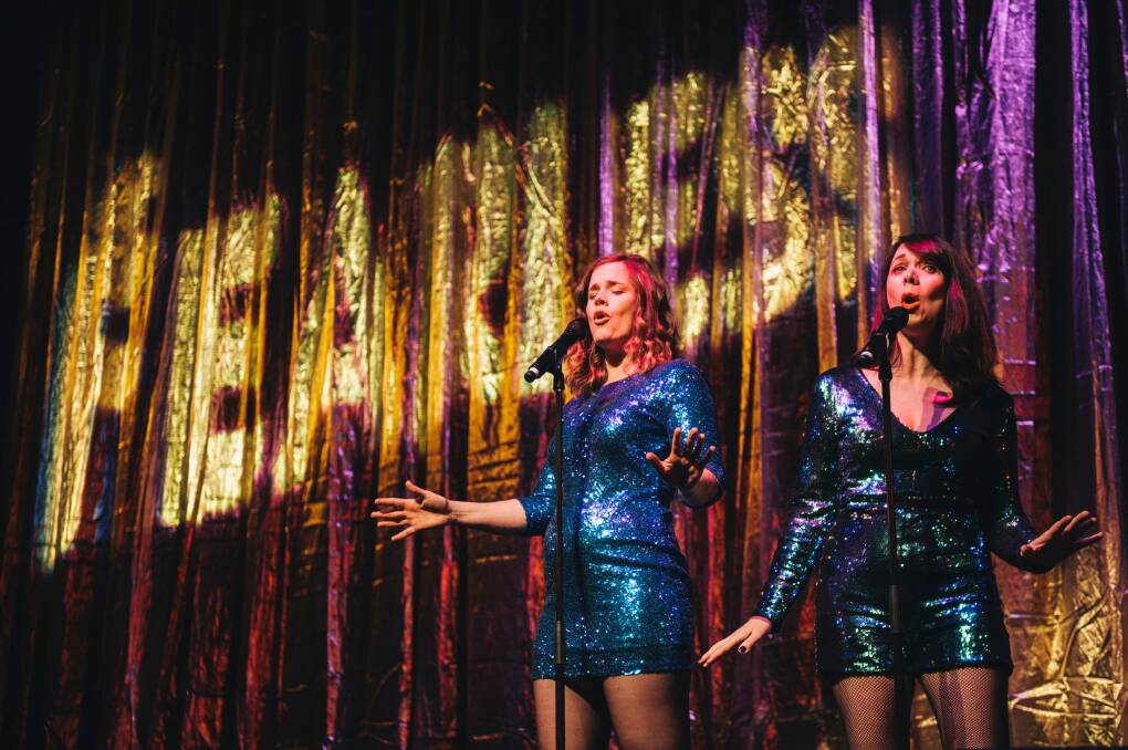 Sparrow Folk's Catherine Crowley and Juliet Moody performing at the Fearless Comedy Gala in Canberra. Photo: Rohan Thomson
