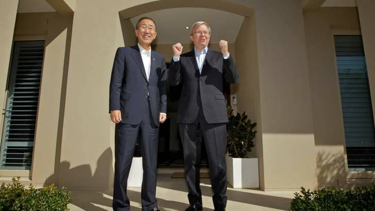 Foreign minister Kevin Rudd greeted Ban Ki-Moon Secretary General of the United Nations at his Yarralumla in 2011. Photo: Andrew Meares