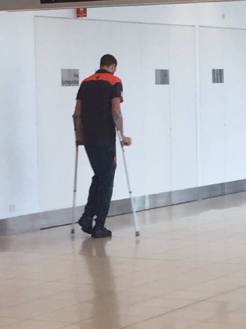 Shane Mumford is seen on crutches after the Giants' qualifying final at Adelaide Oval. Photo: Twitter