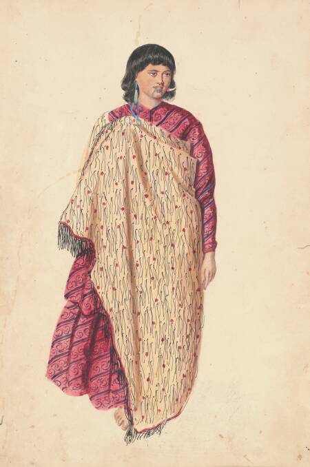Joseph Jenner Merrett, Māori girl in cloak, 1845, pencil, watercolour, National Library of Australia, Canberra,  Rex Nan Kivell Collection. Photo: Supplied