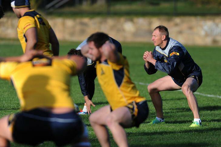 New Brumbies recruit, former Waratahs outside back Peter Hewat, trains with the team for the first time on Sunday. Photo: Graham Tidy