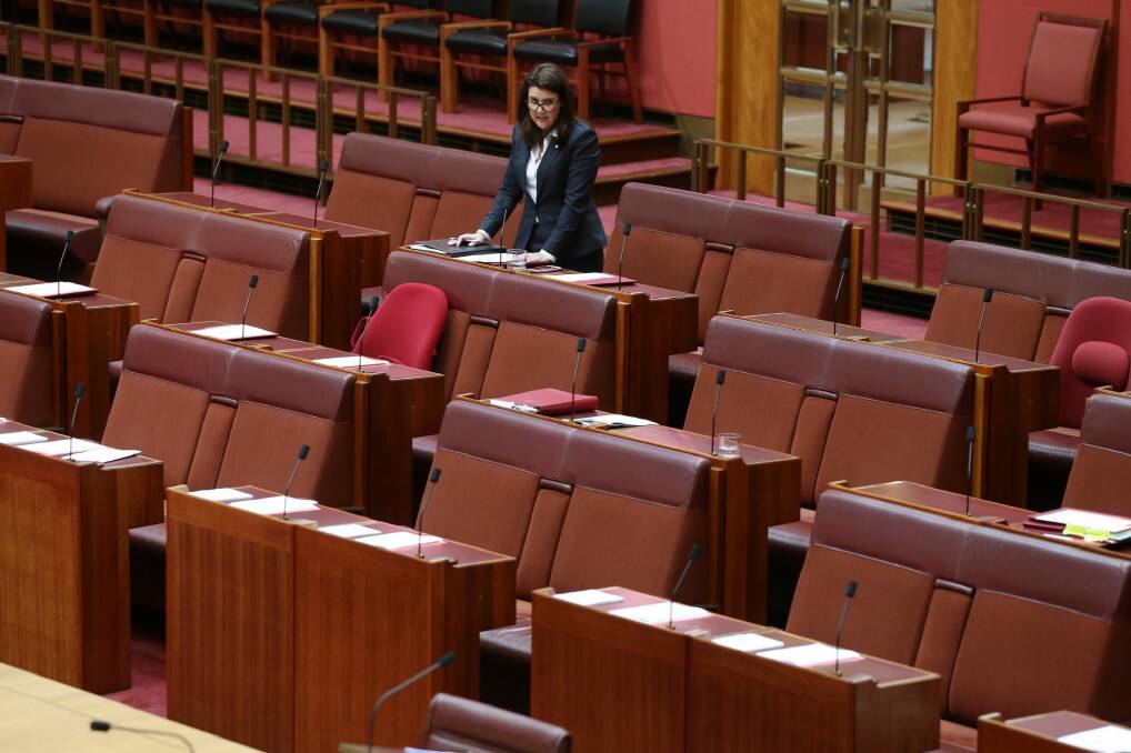 Senator Jane Hume speaks to a near-empty Senate at Parliament House in Canberra on Monday. Photo: Andrew Meares