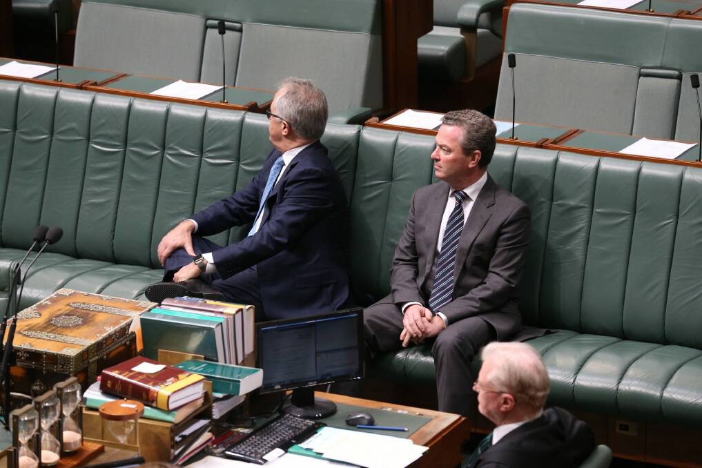 Malcolm Turnbull and Christopher Pyne listen to Warren Entsch introduce a private member's bill on marriage equality in August.  Photo: Andrew Meares