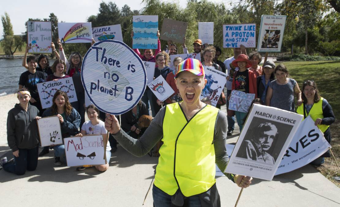 March for Science Canberra lead organiser, Elizabeth Hallam with fellow marchers. Photo: Elesa Kurtz