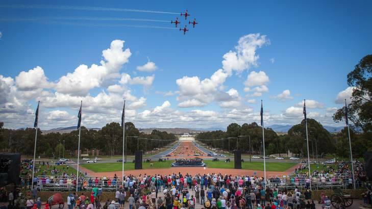 RAAF Roulettes fly in formation as a part of the Australian War Memorial's celebrations. Photo: Katherine Griffiths