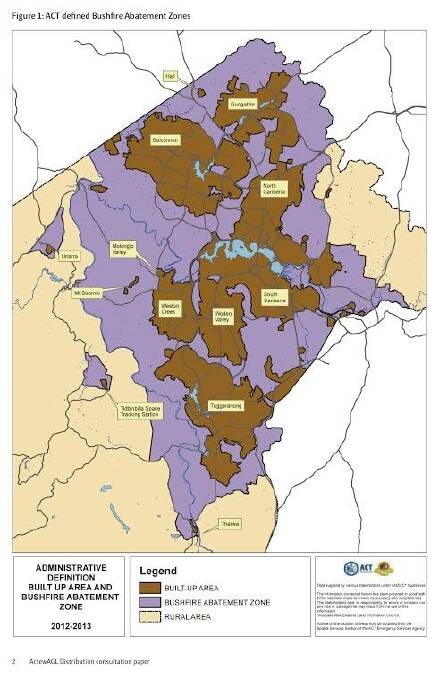 The main changes being proposed by ActewAGL to tree clearance guidelines are in the bushfire abatement zone (purple) and rural areas (cream). Photo: Supplied