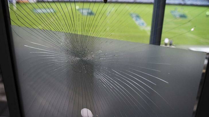 The glass door to the Waratahs coaches box which was reportedly smashed by Waratahs head coach Michael Cheika.