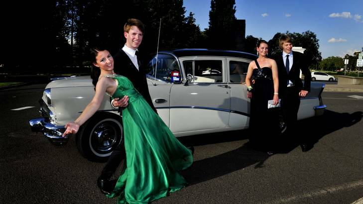 Girls Grammar formal at Old Parliament House. Left to right: Alix Biggs, 17 of Deakin,  Lachlan Marshall, 17 of Calwell, Elise Bills, 18 of Jerrabomberra and Chris Valencia, 18 of Yass. Photo: Melissa Adams
