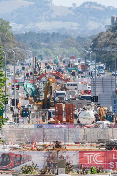 The view of light rail works up Northbourne Avenue from City Hill on Tuesday. Photo: Rohan Thomson