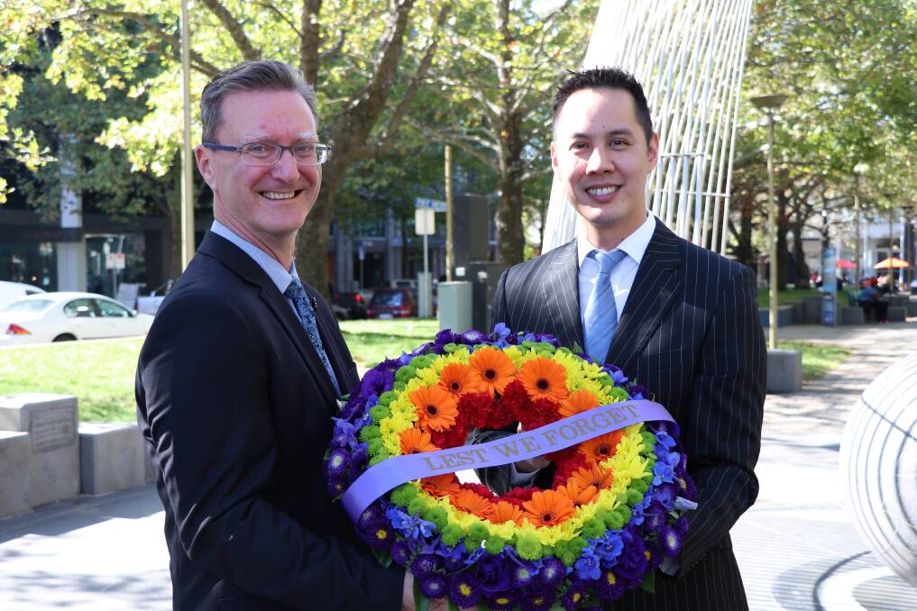 ACT minister for veterans Gordon Ramsay will join Vince Chong of DEFGLIS to lay the rainbow wreath this Anzac Day in Canberra, alongside Cate McGregor Photo: Supplied