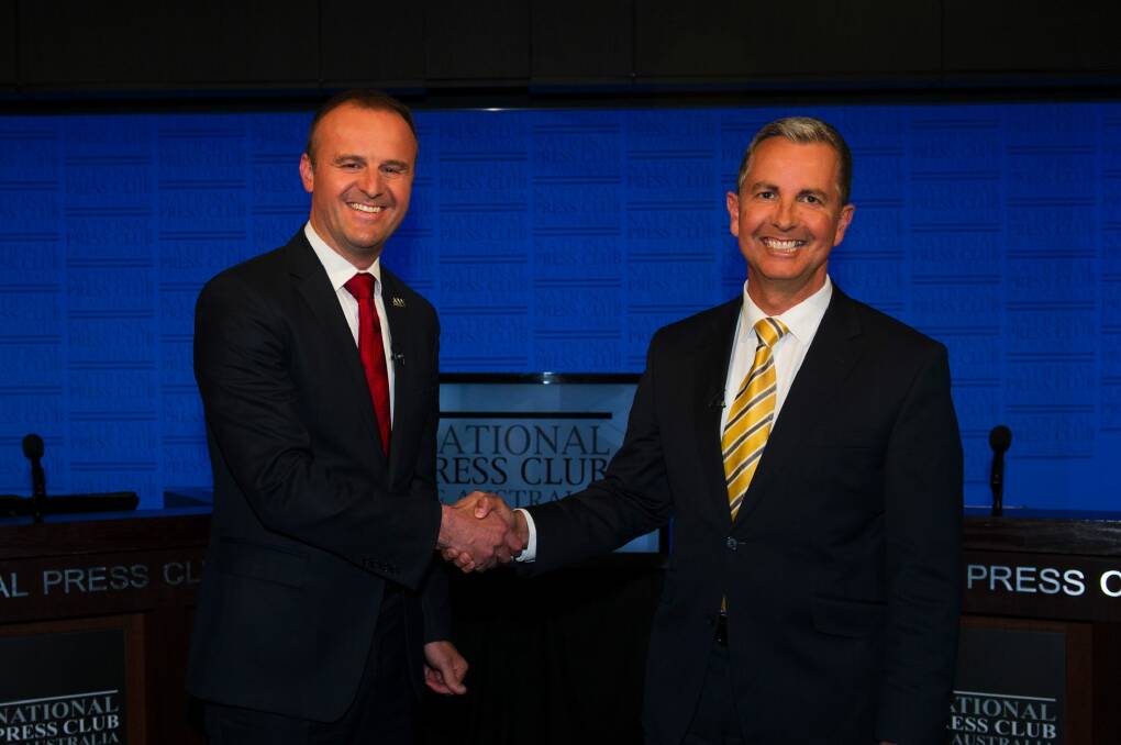 ACT Chief Minister Andrew Barr and then opposition leader Jeremy Hanson debate during last year's election campaign. Both initially rejected the need for an anti-corruption body, but later reversed their views. Photo: Rohan Thomson