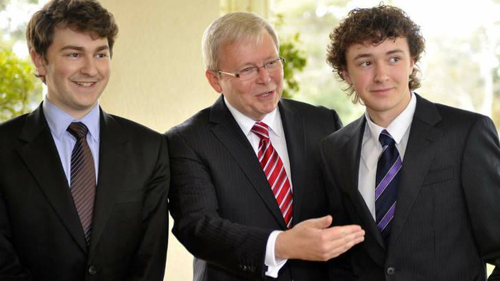 Prime Minister Kevin Rudd pictured in 2010 with sons Nicholas, left, and Marcus, who have joined the campaign team as their father prepares to take on Tony Abbott this year. Photo: AFP