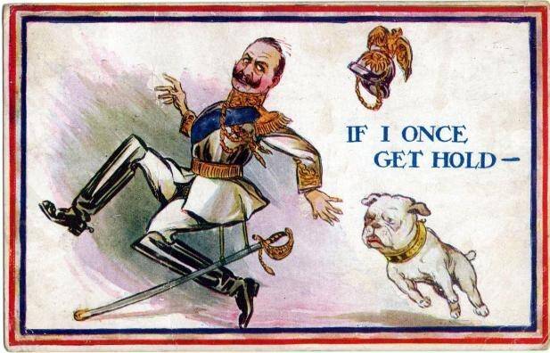 A WWI propaganda postcard showing a British bulldog chasing  a terrified Kaiser Photo: Supplied