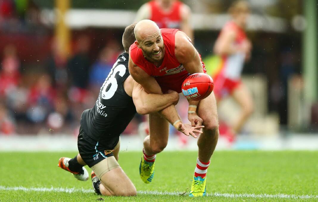 On the ball: Swan Jarrad McVeigh hand balls to a teammate against Port Adelaide at the Sydney Cricket Ground. Photo: Mark Nolan