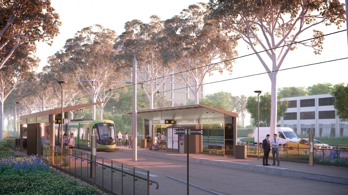 An artist's impression of the Gungahlin tram line from 2016 showing the light rail stations. Photo: Supplied