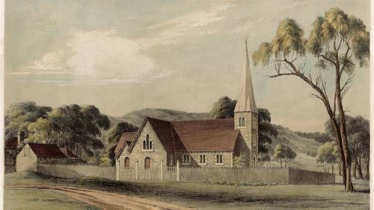 Reverend Alberto Dias Soares' water colour of the church he co-designed, Queanbeyan's Christ Church, in the 1860s. <i> Image: National Library of Australia. </i> Photo: Christ Church NLA