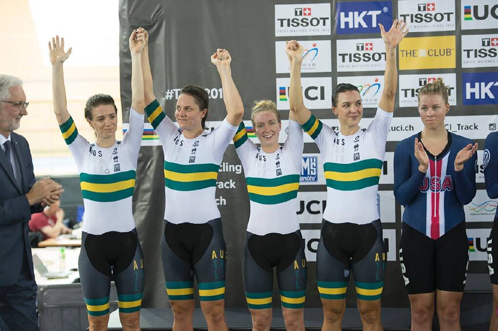 Rebecca Wiasak and her teammates finished with silver in the team pursuit at the cycling world championships. Photo: Casey Gibson