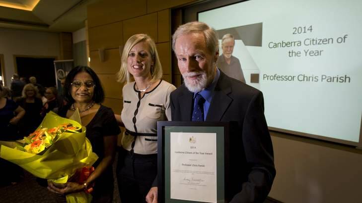 Canberra Citizen of the Year, Professor Chris Parish (right) with Chief Minister Katy Gallagher and wife Bhama Parish. Photo: Elesa Kurtz