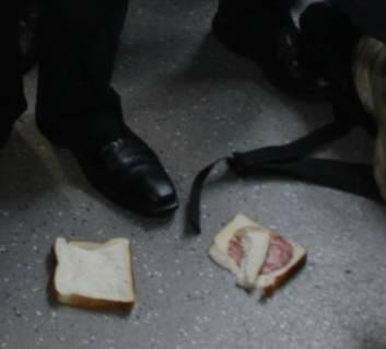 The salami sandwich  that was thrown at Prime Minister Julia Gillard when she visited visited Lyneham High School. Photo: Andrew Meares