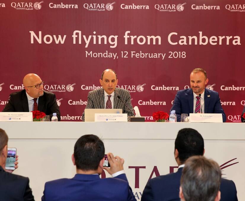 Qatar Airways chief executive Akbar Al Baker (centre) with ACT Chief Minister Andrew Barr (right) at the Qatar Airways media launch on Tuesday.  Photo: Supplied